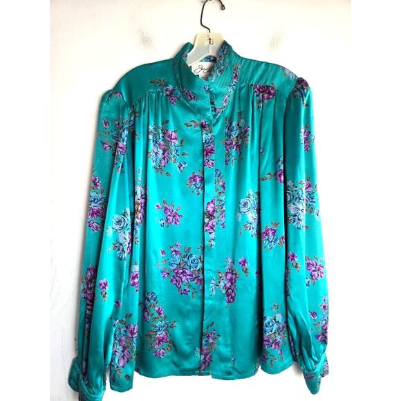 Joan Collins Women Teal Green Floral Print 100% Silk Button Down Blouse size 8/M - Picture 1 of 6